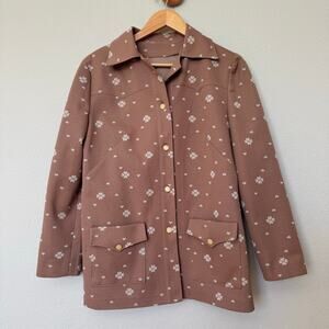 Vintage 70s heart clover taupe shirt jacket double knit poly big pockets sz M-L